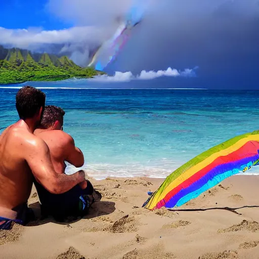 Image similar to two guys in hawaii, sick with covid on the beach, with a rainbow, photograph