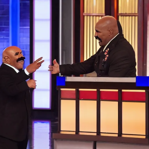 Prompt: adolf hitler meeting steve harvey in family feud ( 2 0 1 6 )