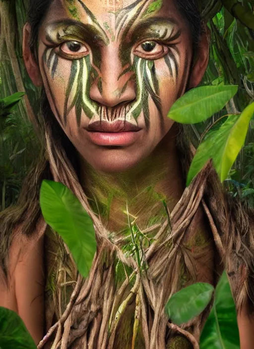 Image similar to beautiful matte painting of a portrait of a plant teacher spirit uchu sanango in the jungle, tribal face paintings, ayahuasca, matte painting, realistic