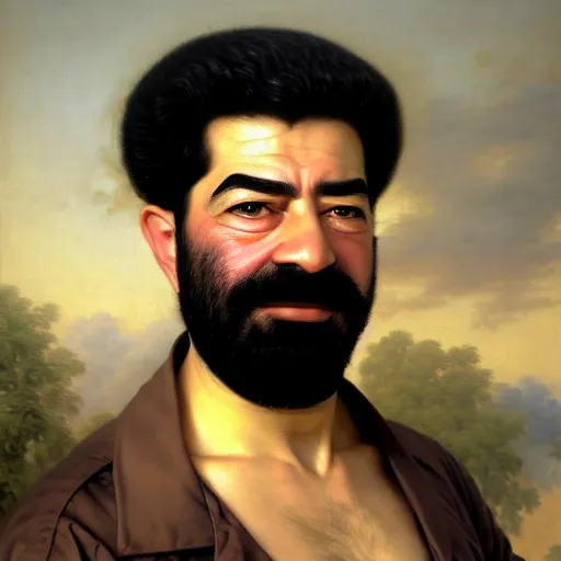 Image similar to A fantasy style portrait painting of Saddam Hussein, in the style of François Boucher, Oil Painting, hyperrealistic, render, Regal, Refined, Detailed Digital Art, RPG portrait, Michael Cheval, William-Adolphe Bouguereau, dynamic lighting, Highly Detailed, Cinematic Lighting, Unreal Engine, 8k, HD, octane render