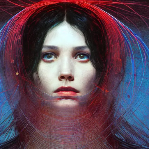 Image similar to Portrait Masterpiece, Wanda Maximoff, furious, red and cyan, glowing, wires everywhere, by Edgar Maxence and Ross Tran, Zdzisław Beksiński, and Michael Whelan, distant, gustav dore, H.R. Giger, 8k, octane render