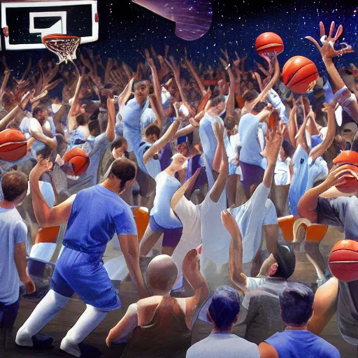 Prompt: astronauts playing basketball in space in front of an alien crowd, photorealistic, 4k, high detail