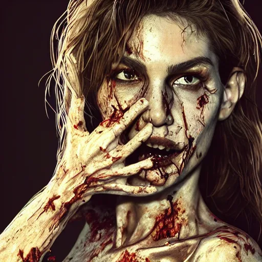 Image similar to portrait of young cindy crawford as a zombie with cuts on face, 7 days to die zombie, fine art, award winning, intricate, elegant, sharp focus, cinematic lighting, highly detailed, digital painting, 8 k concept art, art by guweiz and z. w. gu, masterpiece, trending on artstation, 8 k
