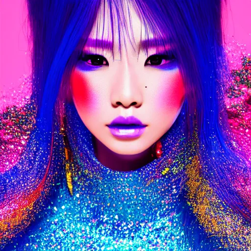 Image similar to japanese model with maximalist hair style and makeup, bright colors, fashion model, portrait shot, glitter, depth of field, 8 k, hyper detailed, intricate, trending on artstation