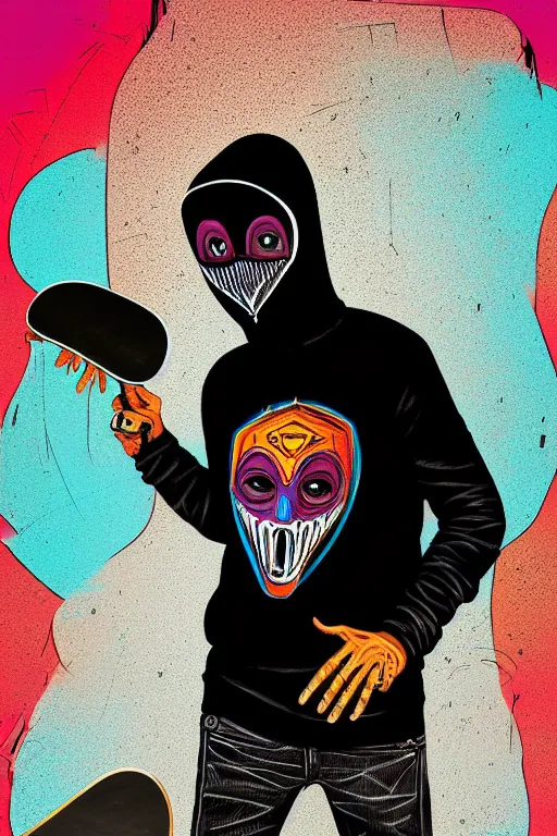 Image similar to random skateboarder with scary mask, pop art, aesthetic art, 8 k, asymmetrical, high details, digital painting, concept art, smooth, sharp focus, illustration, intricate, art by arstation and mimmo rottela, pixels art by paul robertson