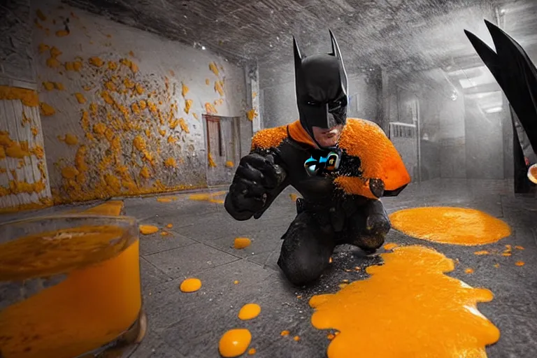 Image similar to batman covered in lots of orange juice offering free beer, chasing through old brown decrepit hallway, creepy smile, atmospheric eerie lighting, dim lighting, bodycam footage, motion blur, photography