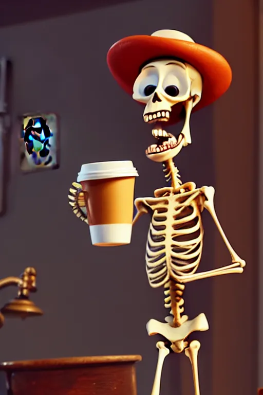 Prompt: a very expressive and funny skeleton character holding a cup of coffee on a horror mansion hall. pixar disney 4 k 3 d render funny animation movie oscar winning trending on artstation and behance. ratatouille style.