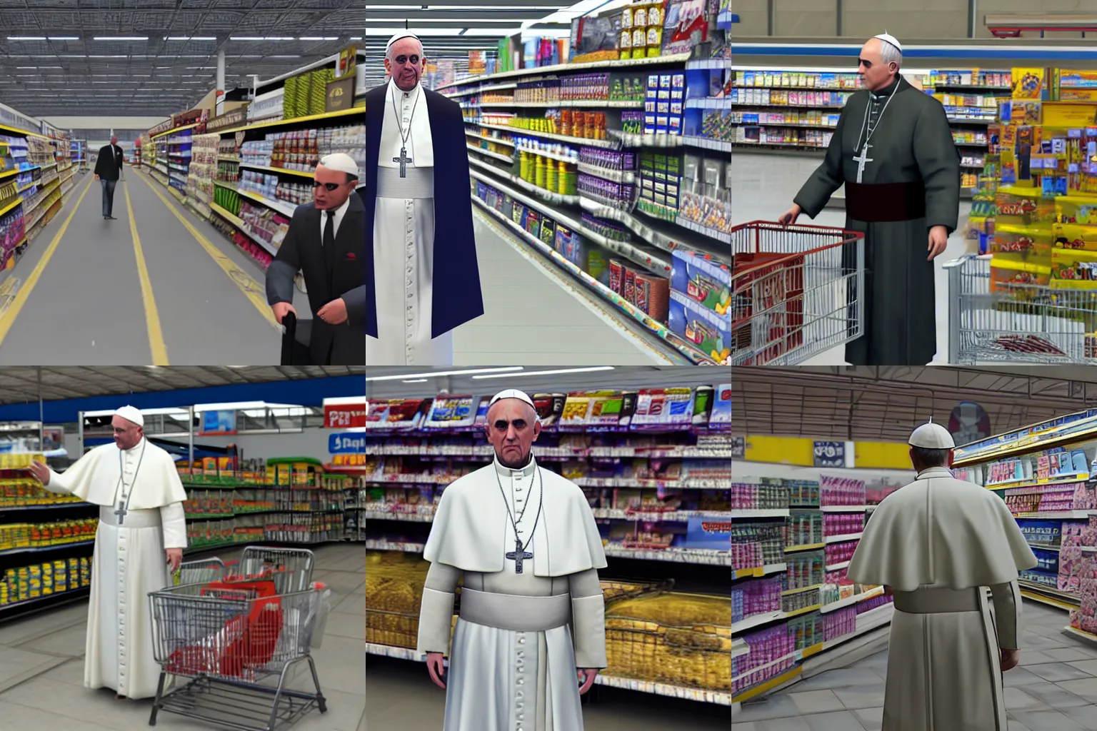 Prompt: the pope in a Walmart, GTA V gameplay screenshot, sharp, Unreal Engine 5, very detailed shading