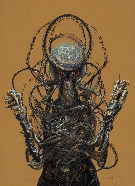 Image similar to portrait of a futuristic geisha octopus cyborg, made from million point clouds, in the style of ghost in the shell, kintsugi, modern fine art, fractal, intricate, elegant, highly detailed, digital photography, subsurface scattering, by jheronimus bosch and greg rutkowski,