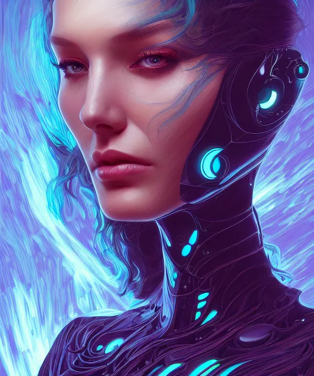 Image similar to Supermodel woman turning into an Android portrait, dark surrealism , scifi, intricate, elegant, highly detailed, teal neon glowing eyes, digital painting, artstation, concept art, smooth, sharp focus, illustration, art by artgerm and moebius and alphonse mucha