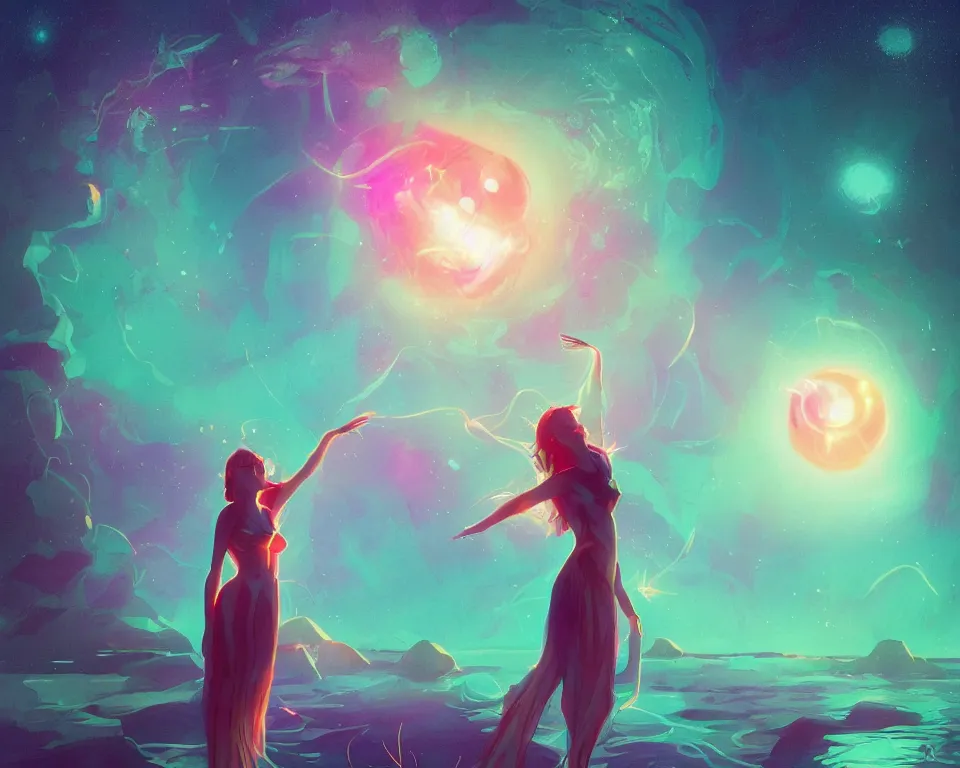 Image similar to beautiful fantastical girl standing in a lake basking in the moonlight, casting a spell, underneath a multi-colored binary blackhole with an accretion disc, glowing trails following her arms, wearing professional makeup, synthwave, by Lois van Baarle, by Greg Rutkowski, by artgerm, by beeple, by studio ghibli, cinematic angle, volumetric lighting, 4k resolution, octane render, trending on artstation, masterpiece