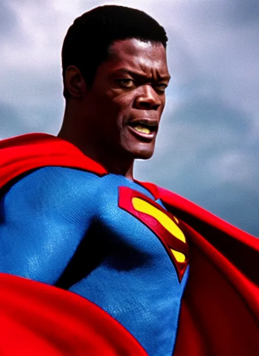 Prompt: film still of Samuel L Jackson as Superman in Superman, 4k