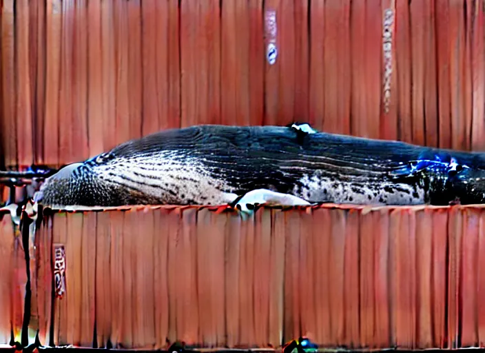 Image similar to a happy whale in front of a huge stack of containers at the port, intricate details, photo realistic octane render