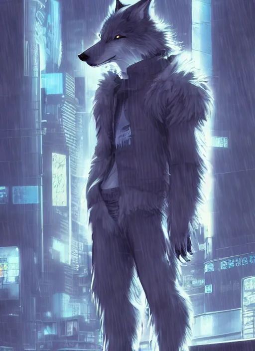 Image similar to character portrait of a male anthro wolf fursona with white fur, a tail and a cute beautiful attractive furry face wearing stylish cyberpunk clothes in a cyberpunk city at night while it rains. hidari, color page, tankoban, 4K, tone mapping, Akihiko Yoshida.