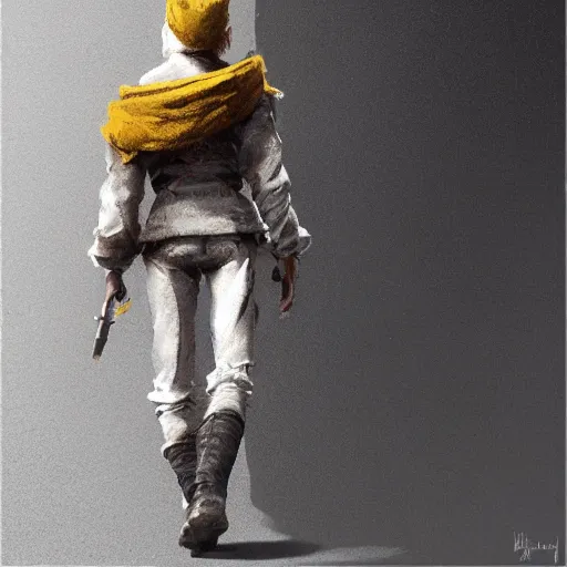 Image similar to a highly detailed epic cinematic concept art CG render digital painting artwork costume design: Sadie Sink, pixie shaved cut, side, in a used 1950s man's coat and hoodie. muted grey colors with tiny yellow accents. By Greg Rutkowski, Ilya Kuvshinov, WLOP, Stanley Artgerm Lau, Ruan Jia and Fenghua Zhong, trending on ArtStation, made in Maya, Blender and Photoshop, octane render, excellent composition, cinematic atmosphere, dynamic dramatic cinematic lighting, aesthetic, very inspirational, arthouse