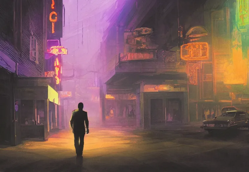 Image similar to painting of the figure of a man in a haunting scenery during the 1 9 8 0's, city, video club, arcade store, high contrast, concept art, fully colored, purple filter, neon, dramatic lighting, digital art, 8 k, extremely detailed, drawn by ruan jia