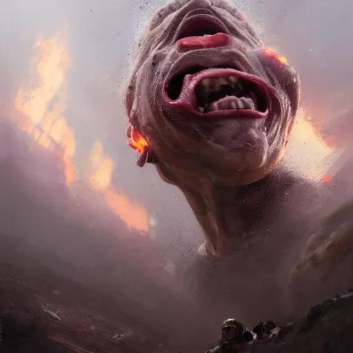 Prompt: a close view of a jewish rabi screaming in panic!!!, derbis!!!, rubble!!, fires!! hyperrealistic, highly detailed, cinematic, foggy light from fires, beautiful, cgssociety, artstation, 8 k, oil painting by greg rutkowski, by artgerm, by wlop