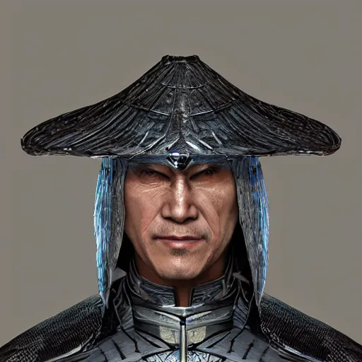 Image similar to hyper realistic, highly detailed hybrid of raiden from mortal kombat, and raiden from metal gear solid wearing a conical rice hat. portrait, stephen bliss, unreal engine, greg rutkowski, beeple global illumination, translucent, sub - surface scattering, detailed and intricate environment