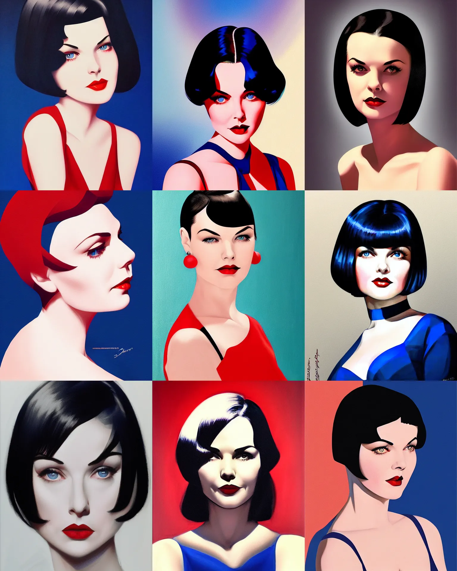 Prompt: sherilyn fenn 2 2 years old fused with mary louise brooks, bob haircut, portrait by stanley artgerm, dramatic lighting, ilya kuvshinov, trending on artstation, flat colour, geometric curves, gradient filter, red and blue back light