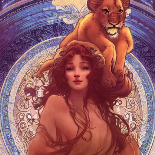 Prompt: Simba lion king Disney , by Alphonse Mucha, Ayami Kojima, Amano, Charlie Bowater, Karol Bak, Greg Hildebrandt, Jean Delville, and Mark Brooks,