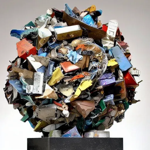 Image similar to A sculpture a preacher Dante Gebel made pure recycle materials trash, Rebecca Sugar