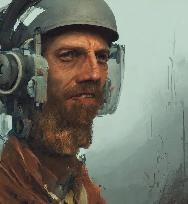 Image similar to a portrait of a researcher like indianer jones in a painting from stalenhag, 4 k, 8 k, hdr, artstation, concept art