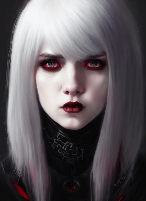 Image similar to portrait of white teenage girl, normal face, black bangs, mall goth, cyberlox, black and white hair, bangs, fluffy bangs, red contacts, intricate, elegant, highly detailed, digital painting, artstation, concept art, sharp focus, smooth, illustration, art by wlop, mars ravelo and greg rutkowski