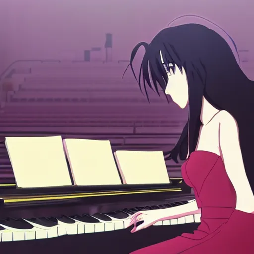 Prompt: anime key visual, a woman playing the piano with emotion, perspective piece