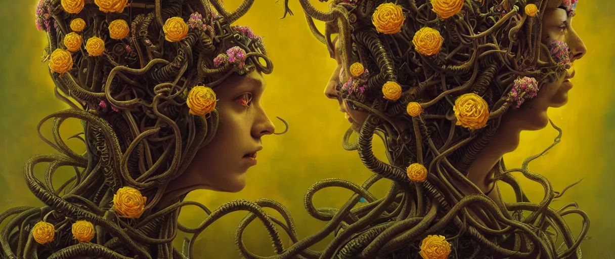 Image similar to hyperrealistic hyper detailed neo-surreal 35mm portrait of gothic cyborg medusa with multiple heads covered in flowers matte painting concept art hannah yata dali very dramatic yellow lighting low angle hd 8k sharp shallow depth of field