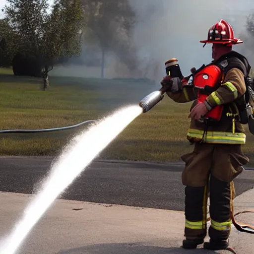 Image similar to a firefighter extinguishing a fire with a flamethrower