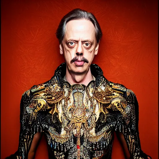 Prompt: 8 5 mm f 1. 8 photograph of steve buscemi wearing an ornate costume by iris van herpen, highly detailed, digital painting, artstation, smooth, sharp foccus, commercial photography, fashion shoot