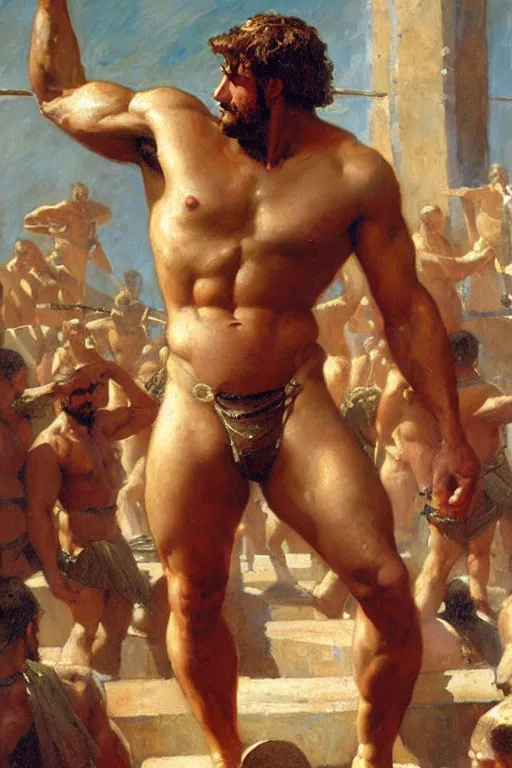 Image similar to muscular male gladiators, trojan baths painting by gaston bussiere, craig mullins, j. c. leyendecker, tom of finland