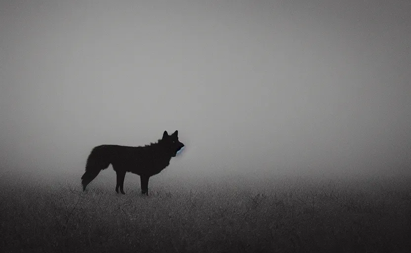 Prompt: black wolf by Andrei Tarkovsky, mist, lake, lomography effect, photo, monochrome, photo blurring, 35mm