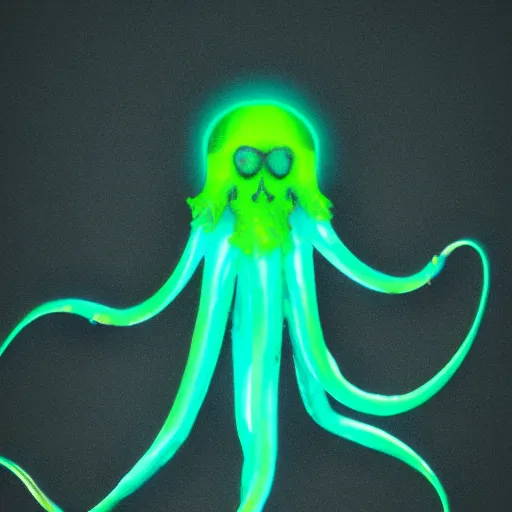 Prompt: a bioluminescent squid drifts in the quiet, dark abyss, photorealistic