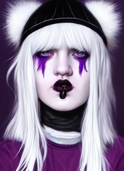 Image similar to portrait of white teenage girl, normal face, white bangs, mall goth, cyberlox, black and white hair, bangs, fluffy bangs, red contact lenses, purple lipstick, intricate, elegant, highly detailed, digital painting, artstation, concept art, sharp focus, smooth, illustration, art by wlop, mars ravelo and greg rutkowski