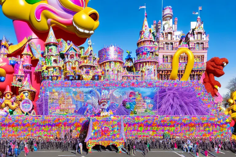 Prompt: photo of giant beautiful elaborate parade float castle designed by lisa frank and geof darrow, in the macys parade, detailed 4 k photo, gigapixel, hyperdetailed