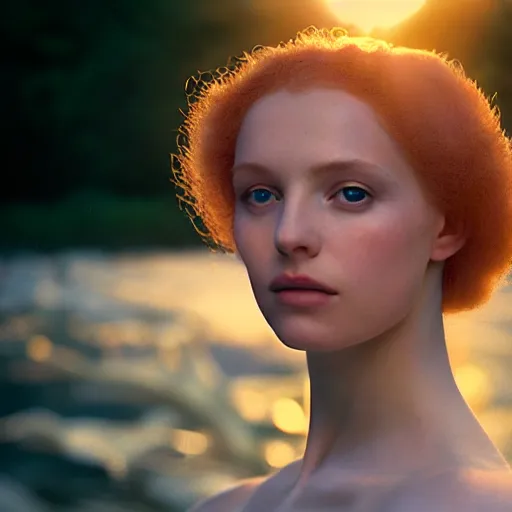 Prompt: photographic portrait of a stunningly beautiful english renaissance divine energy of the sun female in soft dreamy light at sunset, beside the river, soft focus, contemporary fashion shoot, hasselblad nikon, in a denis villeneuve movie, by edward robert hughes, annie leibovitz and steve mccurry, david lazar, jimmy nelsson, hyperrealistic, perfect face