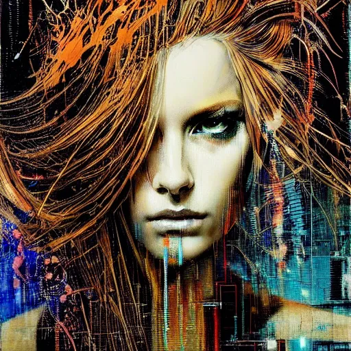 Prompt: hyperrealistic portrait of a mysterious cyberpunk woman with flowing hair, by Guy Denning, Russ Mills, beautiful, elusive, glitch art, hacking effects, glitch effects, brown eyes, electric, digital tech effects, cybernetics, detailed lines, intricate detail, holographic, polished, chromatic, clear, color blocking!, acrylic on canvas, octane, concept art, abstract, red face, front view, artistic, 8k, cgsociety, trending on artstation