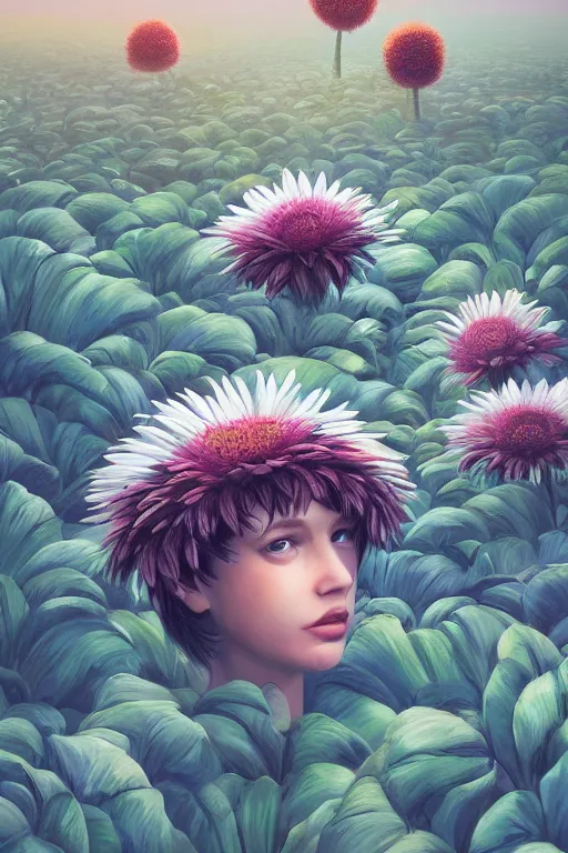 Prompt: closeup, giant daisy flowers head, girls between monsteras, surreal photography, wind and cold, dramatic sky, impressionist painting, digital painting, artstation, simon stalenhag