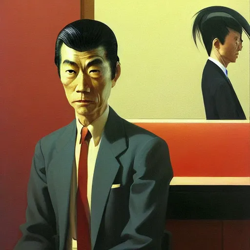 Image similar to Portrait of Japanese wearing a business suit , very coherent, painted by Edward Hopper, Wayne Barlowe, painted by James Gilleard, airbrush, art by JamesJean