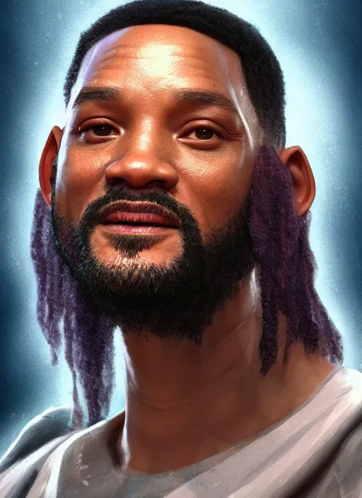 Image similar to portrait of will smith as jesus, au naturel, hyper detailed, digital art, trending in artstation, cinematic lighting, studio quality, smooth render, unreal engine 5 rendered, octane rendered, art style by klimt and nixeu and ian sprigger and wlop and krenz cushart.