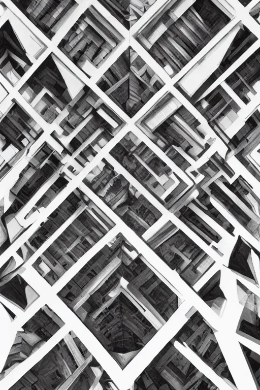 Image similar to A beautiful painting of Multistorey architectures seen from above by MC Escher,black and white