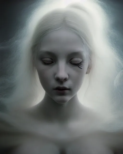 Image similar to soft, dreamy, subsurface scattering, white, young beautiful goddess in cosmos with very long white hair floating in air, fluid smoke art, black and white, octane render, dino valls, mark ryden, joe fenton, michal karcz, highly detailed, rim light, art, cinematic lighting, very coherent, hyper realism, 8 k