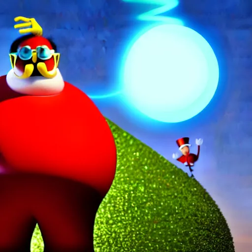 Prompt: a render of a round fat man in a red jumpsuit, wearing shiny black goggles, long pointy pink nose, long spikey light brown moustache, large cartoonish hands with white gloves, evil villain grin, high tech, hdr, 4 k, he is standing over the lorax, the lorax is on the ground, 3 d
