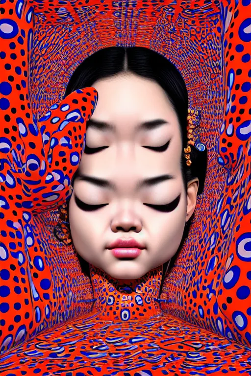 Prompt: realistic detailed image of a geisha laying down in a padded room, conjuring psychedelic background, part by yayoi kusama, part by alex gray, part by ross tran, part by james jean, ultra realistic, highly detailed, life like face, detailed body, 8 k, trending on artstation, very cohesive, masterpiece