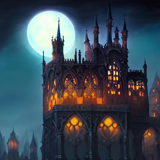 Prompt: foggy intricate gothic castle under the full moon, epic, intricate oil painting, high detail illustration, sharp high detail, manga and anime 1 9 9 9, official fanart behance hd artstation by jesper ejsing and makoto shinkai, 4 k,