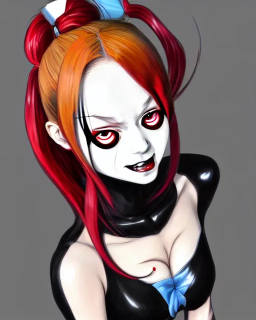 Prompt: portrait Anime as black-red harley-quinn girl cute-fine-face, brown-red-hair pretty face, realistic shaded Perfect face, fine details. Anime. harlequin suit realistic shaded lighting by Ilya Kuvshinov katsuhiro otomo ghost-in-the-shell, magali villeneuve, artgerm, rutkowski, WLOP Jeremy Lipkin and Giuseppe Dangelico Pino and Michael Garmash and Rob Rey