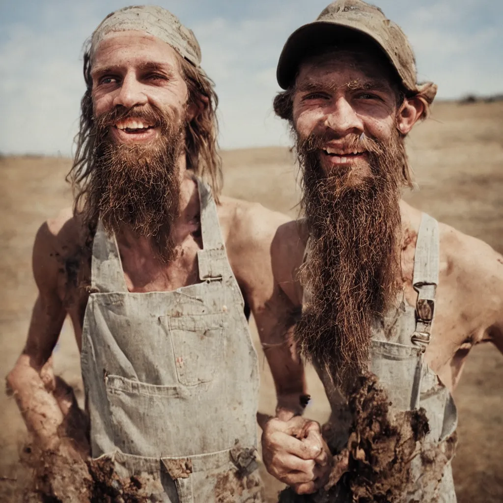 Image similar to extremely skinny malnourished redneck white male with long beard, wearing dirty overalls, dirty greasy face, grin, portrait, close up, kodak gold 2 0 0, 5 0 mm,