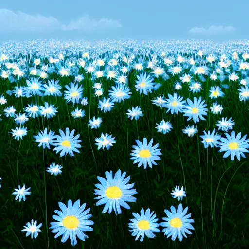 Prompt: field of light blue and white daisies, matte painting