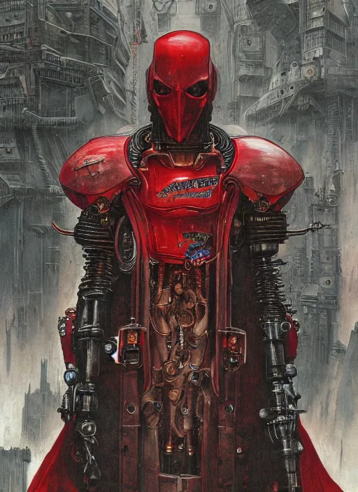 Image similar to portrait of rotten Tom Cruise as adeptus mechanicus in red hood and robe from Warhammer 40000. Highly detailed, artstation, illustration by and John Blanche and zdislav beksinski and wayne barlowe and Gustav Klimt